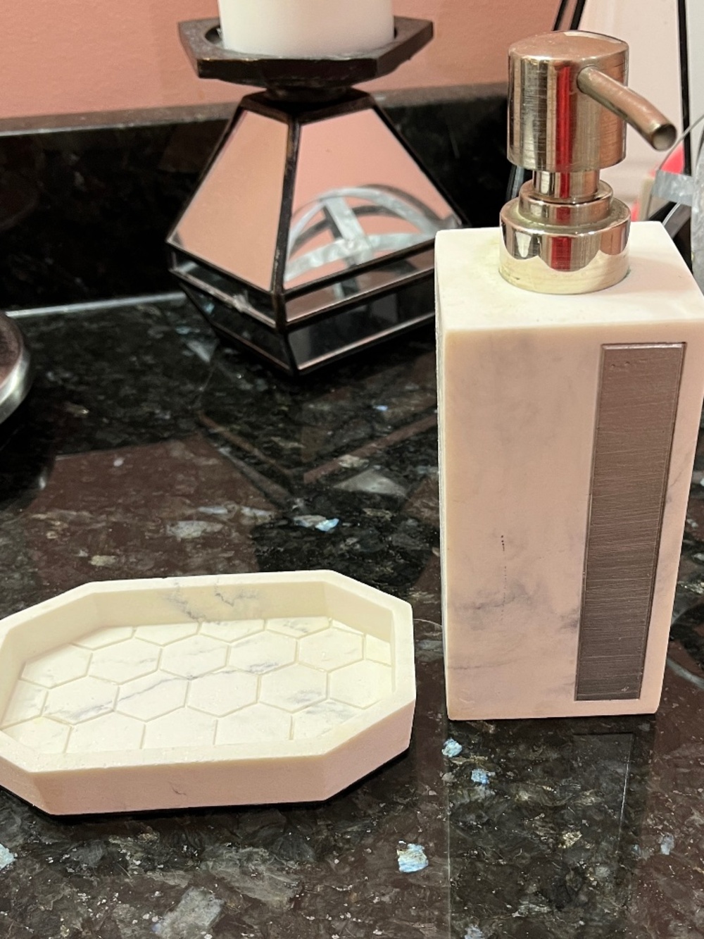 Bathroom accessories-soap dispenser and bar soap/misc. holder